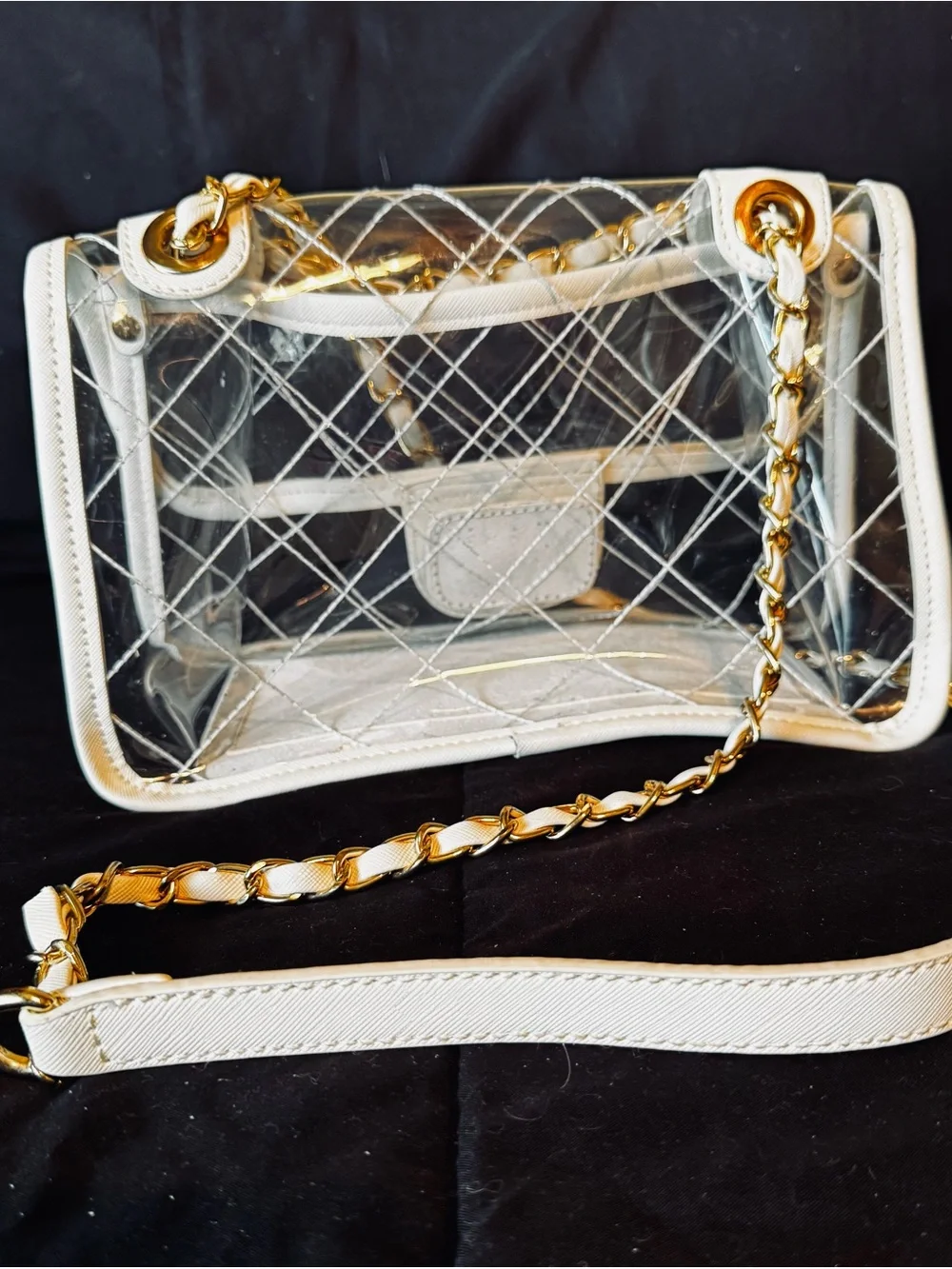 Clear Quilted PVC Shoulder Bag with White Trim and Gold Hardware